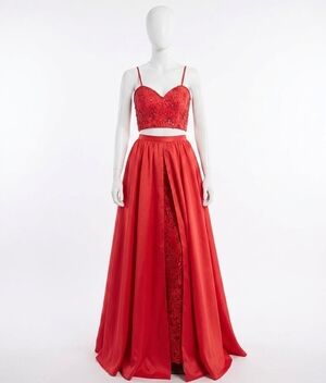 NEW RACHEL ALLAN lace embroidered ensemble with matte satin overskirt in red